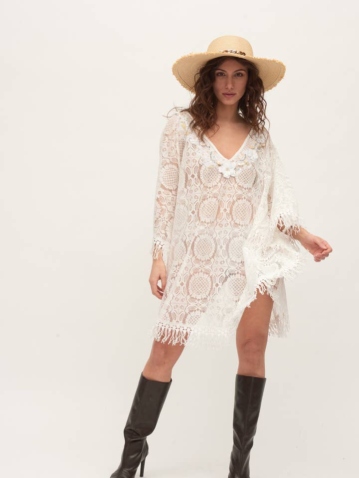 Women's short dress with fringes, hand-embroidered details for wholesale by ANISA
