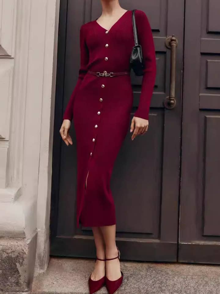 Ladies Solid Color V-Neck Knit Midi Dress SKD41069 for wholesale by Sweetkama