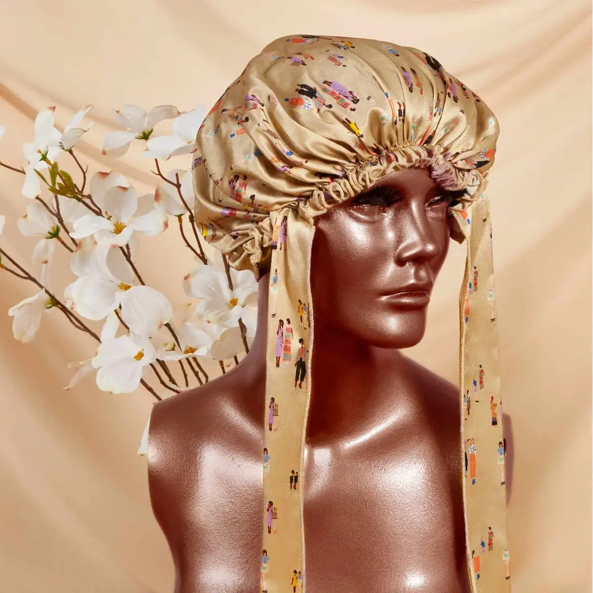 Gilded Fox Silk – wholesale Sleep cap / bonnet – women's – People Print Champagne Virginia Bonnet0