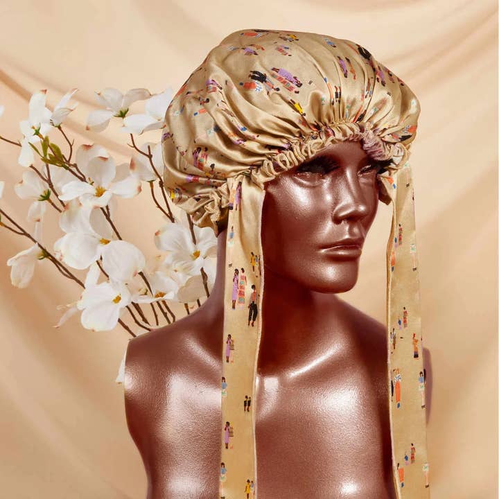 Gilded Fox Silk – wholesale Sleep cap / bonnet – women's – People Print Champagne Virginia Bonnet