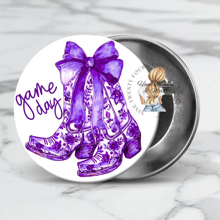 Put your boots on purple game day button for wholesale by Nine Twenty Four Designs
