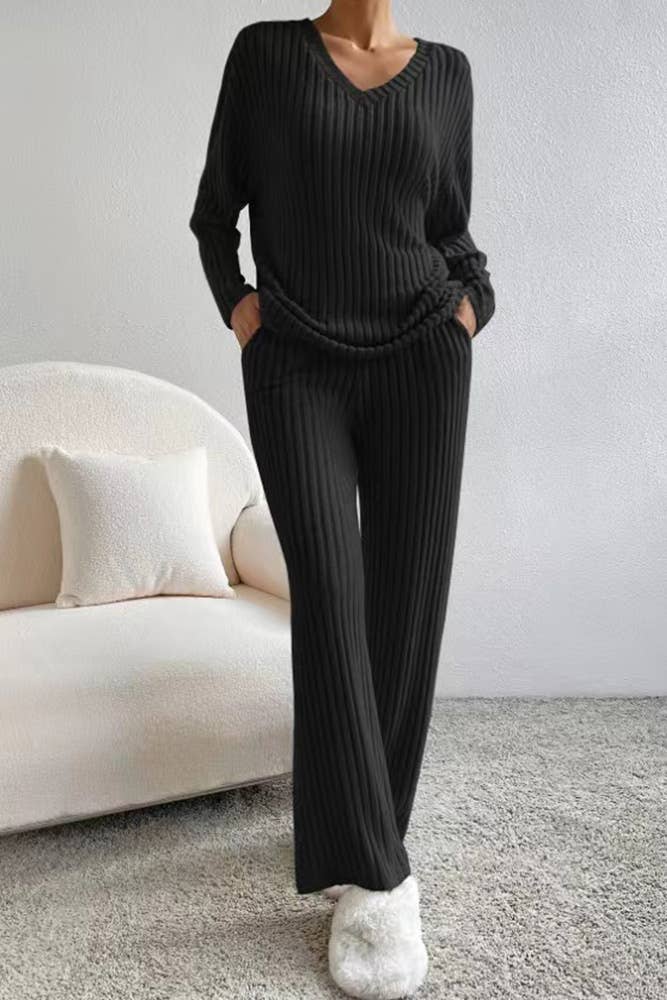 UNISHE - Wholesale Lounge Set - Women's - Plain V Neck Rib Long Sleeves Top With Pants 2pcs Set ZK56012