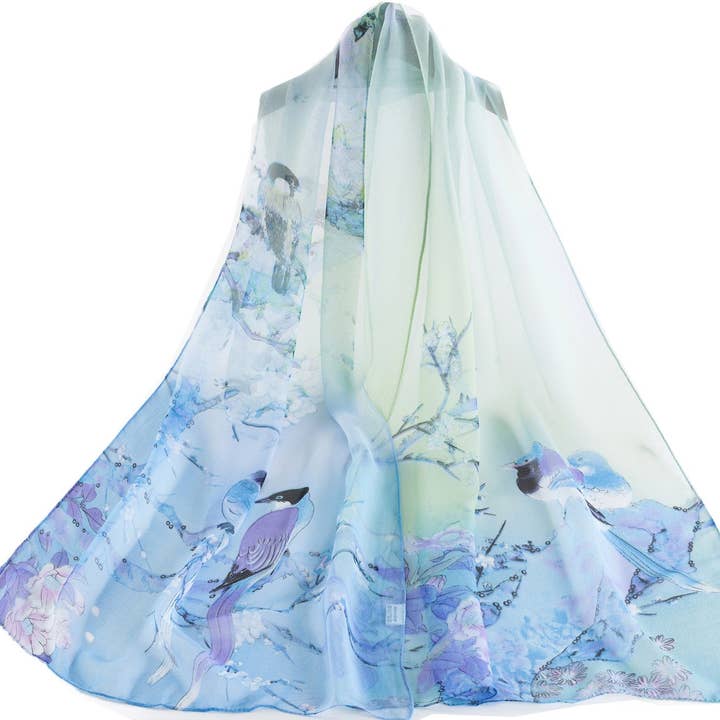 SignareArt - Vente Écharpe – femme - SC-Chiffon Bird Blossom Bleu ciel | Écharpe en mousseline1