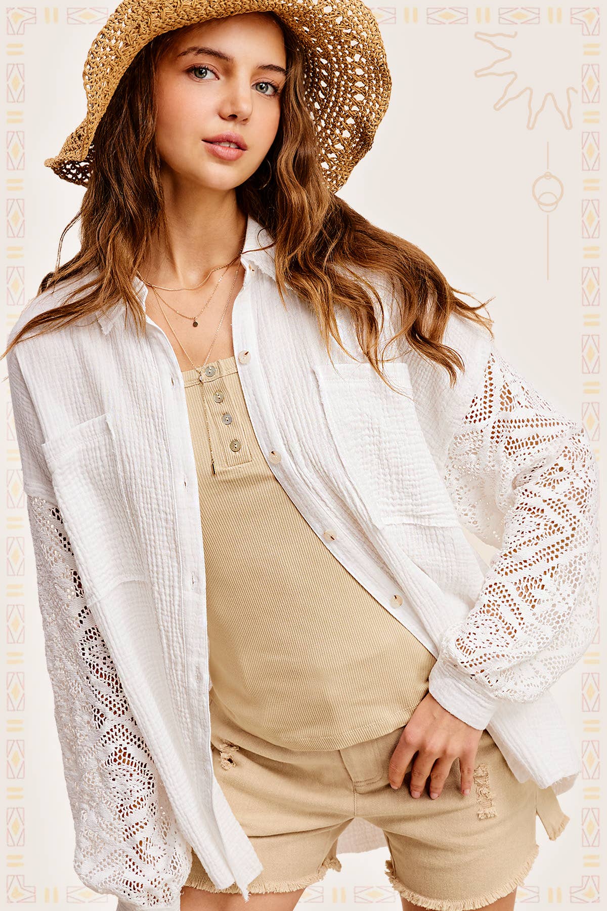 La Miel - Wholesale Button Down Shirt - Women's - SRT7455-Crochet Detailed Sleeve Gauze Button Down Shirts15