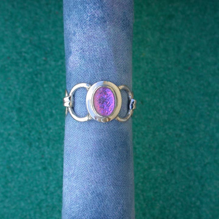 Pink/green dichroic glass sterling silver ring for wholesale by Tidepool