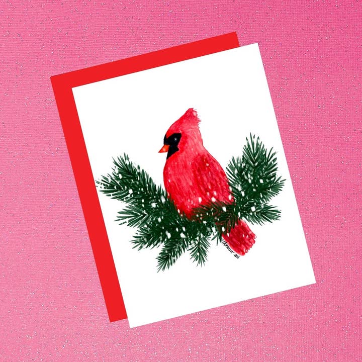 Cardinal Holiday Watercolor Greeting Hand-Painted Christmas for wholesale by Tiffany Ascensio Designs | Watercolor Greeting Cards