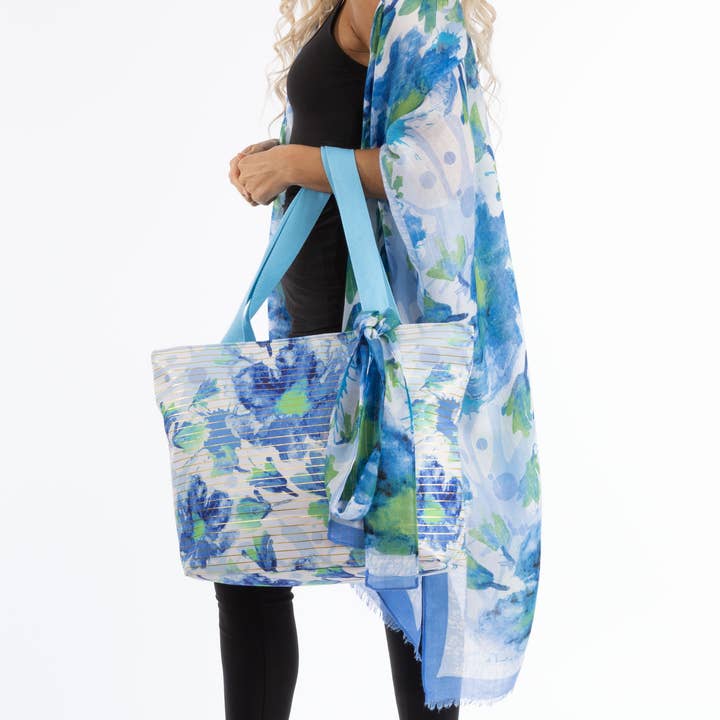 Floral and gold strips tote, zipper closure, 2 assorted for wholesale by Kaleidoscope Accessories