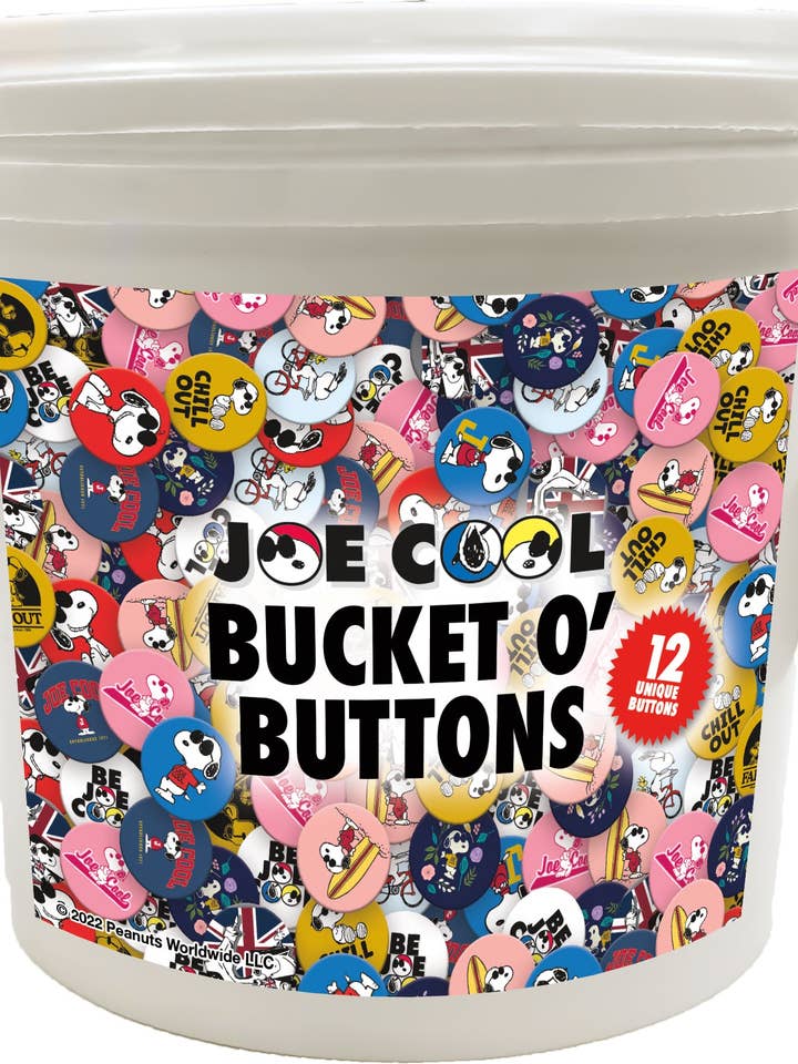 144 Unit Bucket o' Buttons - Peanuts Joe Cool for wholesale by Great Stuff Novelties (GSN) by NMR Brands