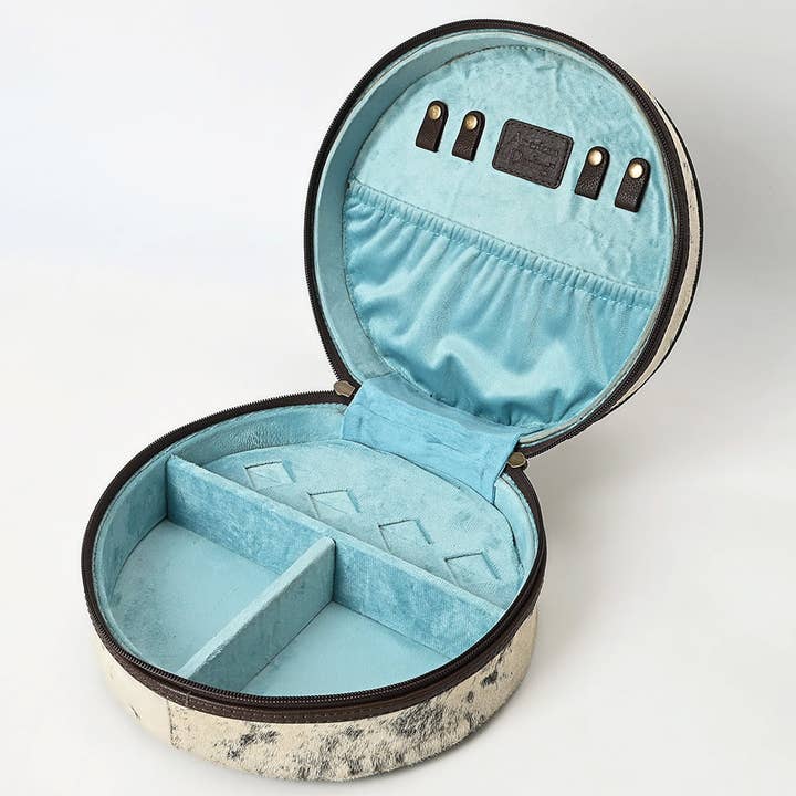 LS Western - Wholesale Jewelry Box/Organizer - ADBGA317 Hand-Tooled Round Hair-On Leather Jewelry Case Western Floral & Turquoise Inlay6