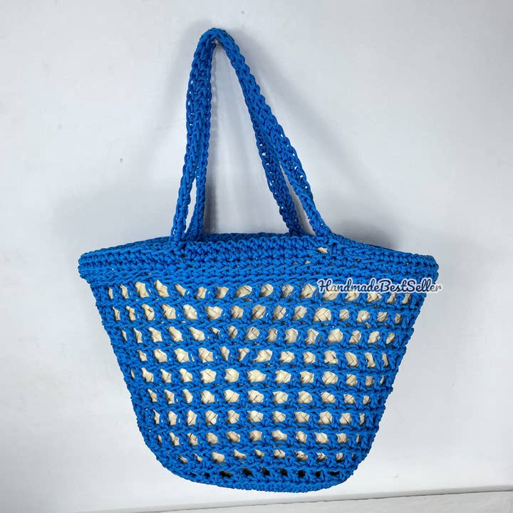 Boho Chic Handwoven Tote Bags, Straw Basket Bag BLUE for wholesale by HandmadeBestSeller
