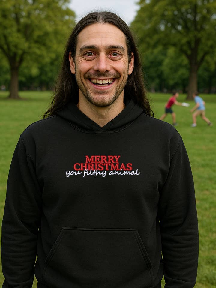 Embroidered "Merry Christmas you filthy animal" Christmas Hoodie or Crewneck, Holiday Sweatshirt, Unisex, Classic Fit, Long Sleeve, Adult for wholesale by UNMATCHED