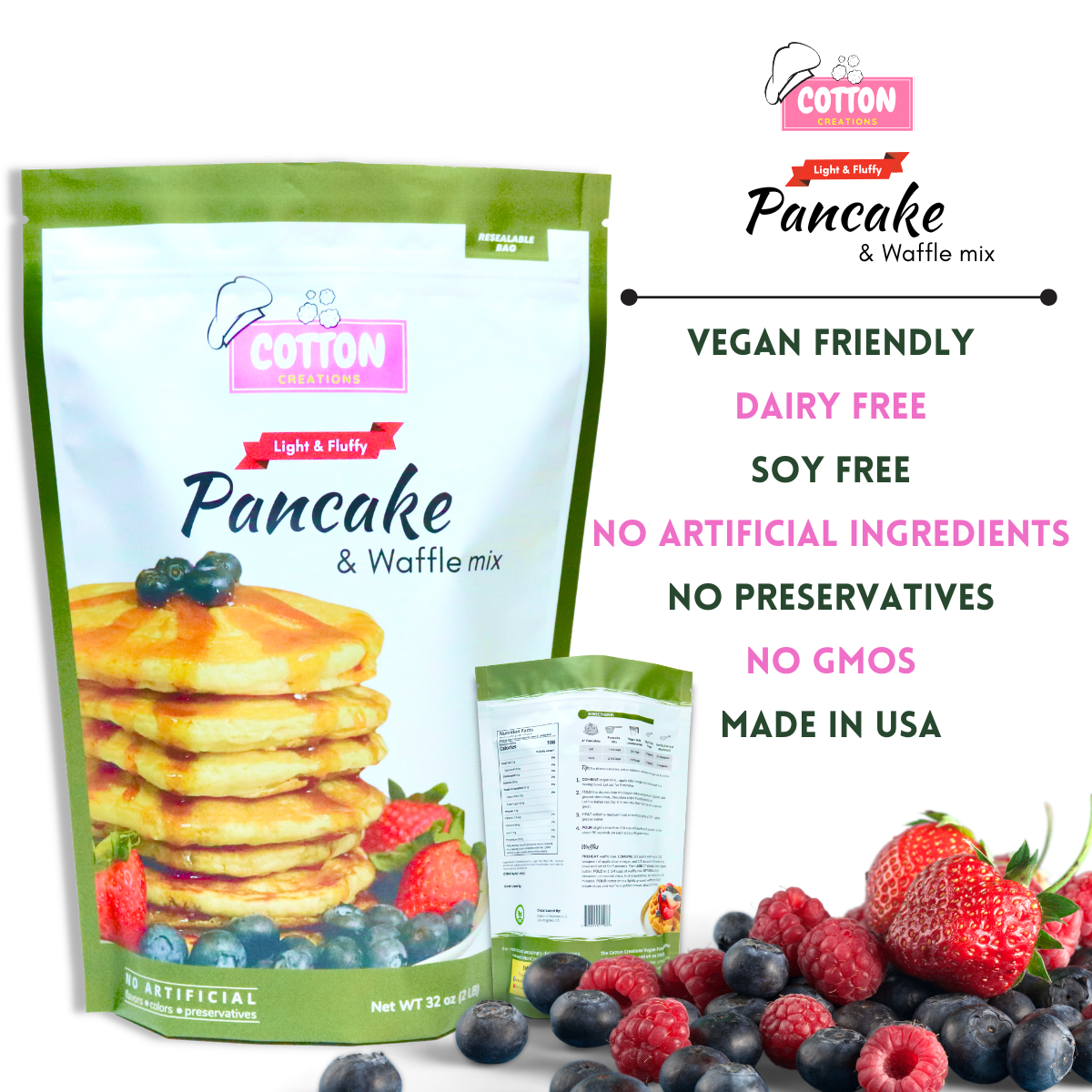 Cotton Creations LLC - Venta al por mayor Preparados para tortitas - Mezcla vegana para panqueques y gofres, 32 onzas1