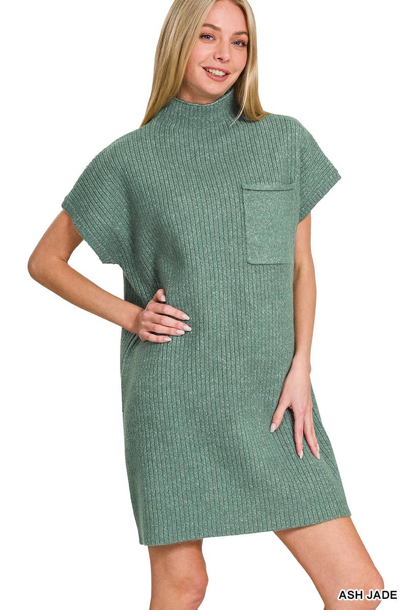 42POPS - Wholesale Dress - Women's - ..SI-26560 Mock Neck Short Sleeve Sweater Dress With Pocket13