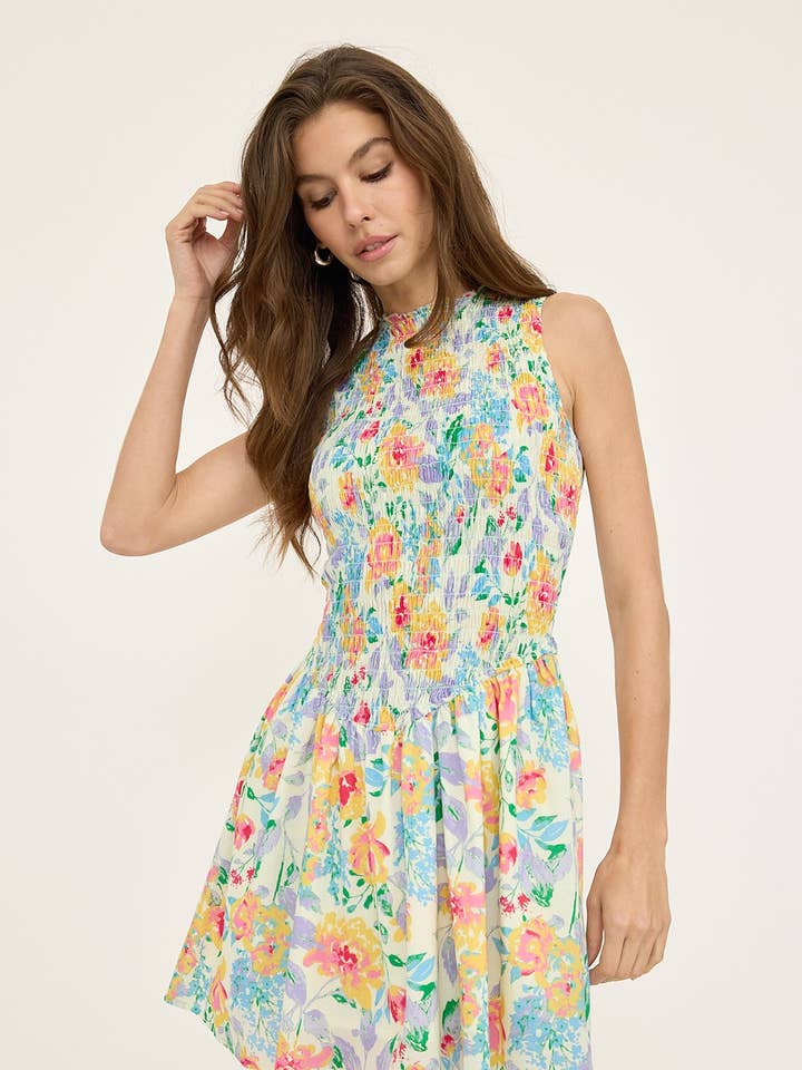 Floral Smocking Mini Dress - RD1130 for wholesale by RAISONNEL