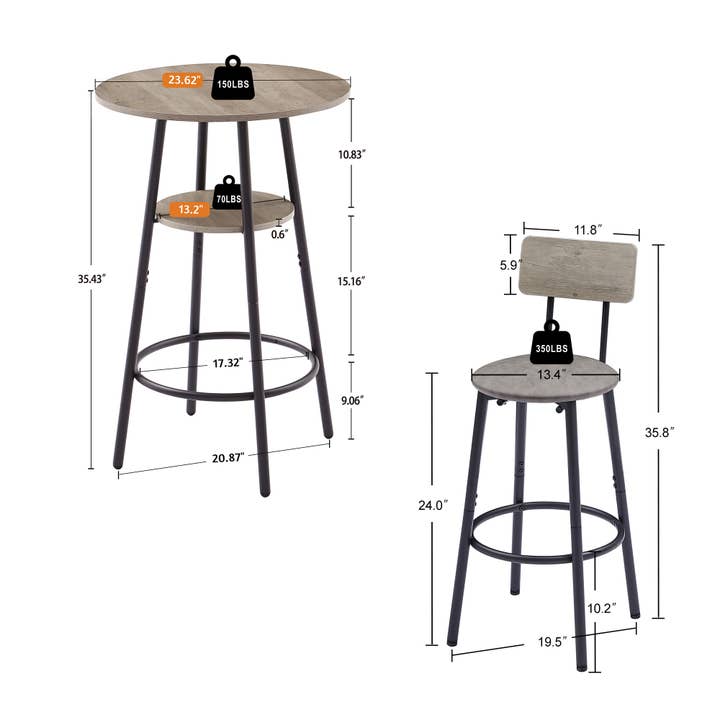 39F Inc. - Wholesale Stool - Round bar stool set with shelf, upholstered stool