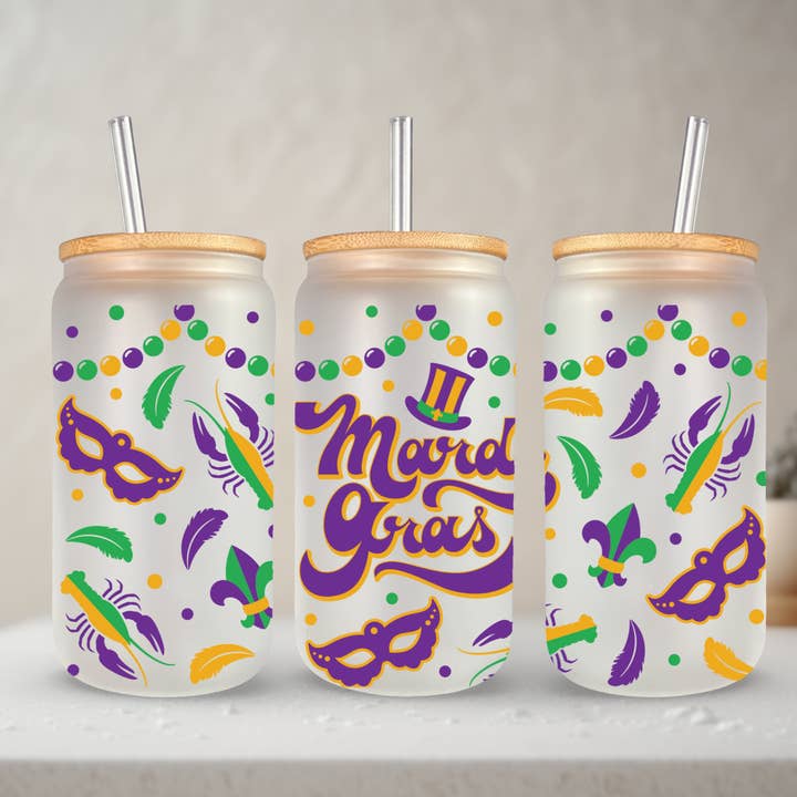Mardi Gras | UVDTF | 20 oz Libbey Dosen-Glas mit Bambusdeckel & Strohhalm für den Großhandel von SKS Design Studio