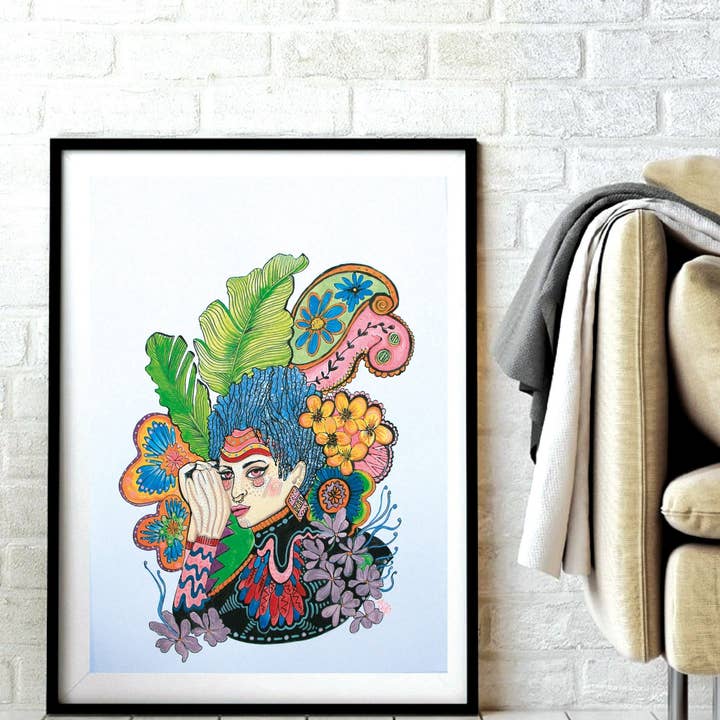 Afro Futurismo pelo azul floral ilustración original para venta al por mayor de Msdre