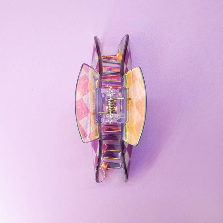 Frog Sac - Wholesale Hair Clip - Women's - Medium Round Iridescent Checkered Hair Claw Clip12