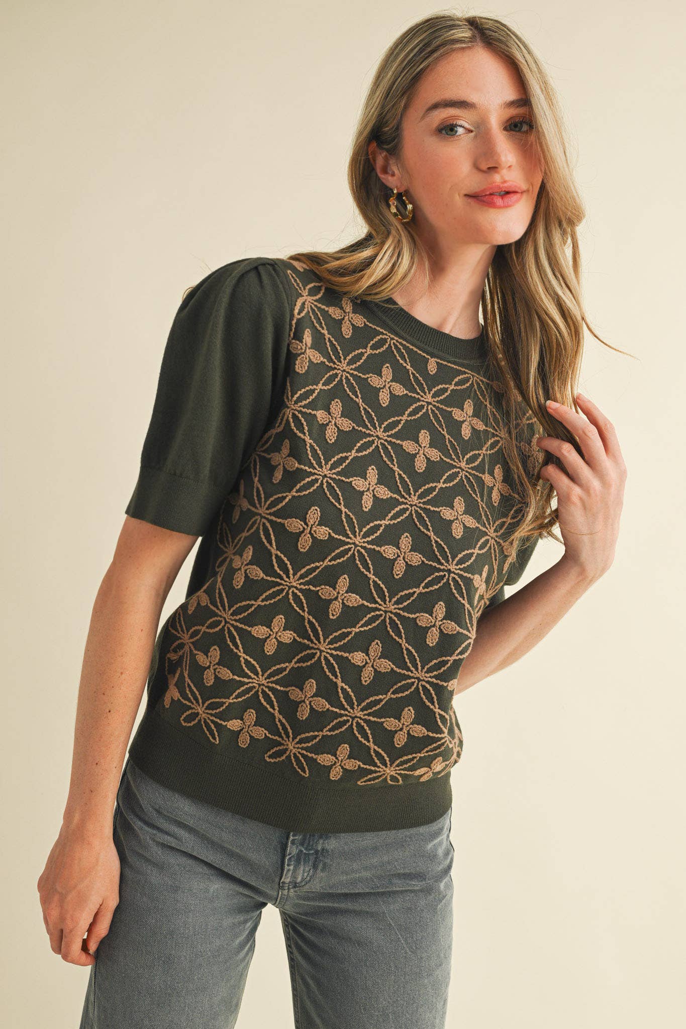 &MERCI - Wholesale Knit Sweater - Women's - SHORT PUFF SLEEVE EMBROIDERY FRONT SWEATER MSW1083236