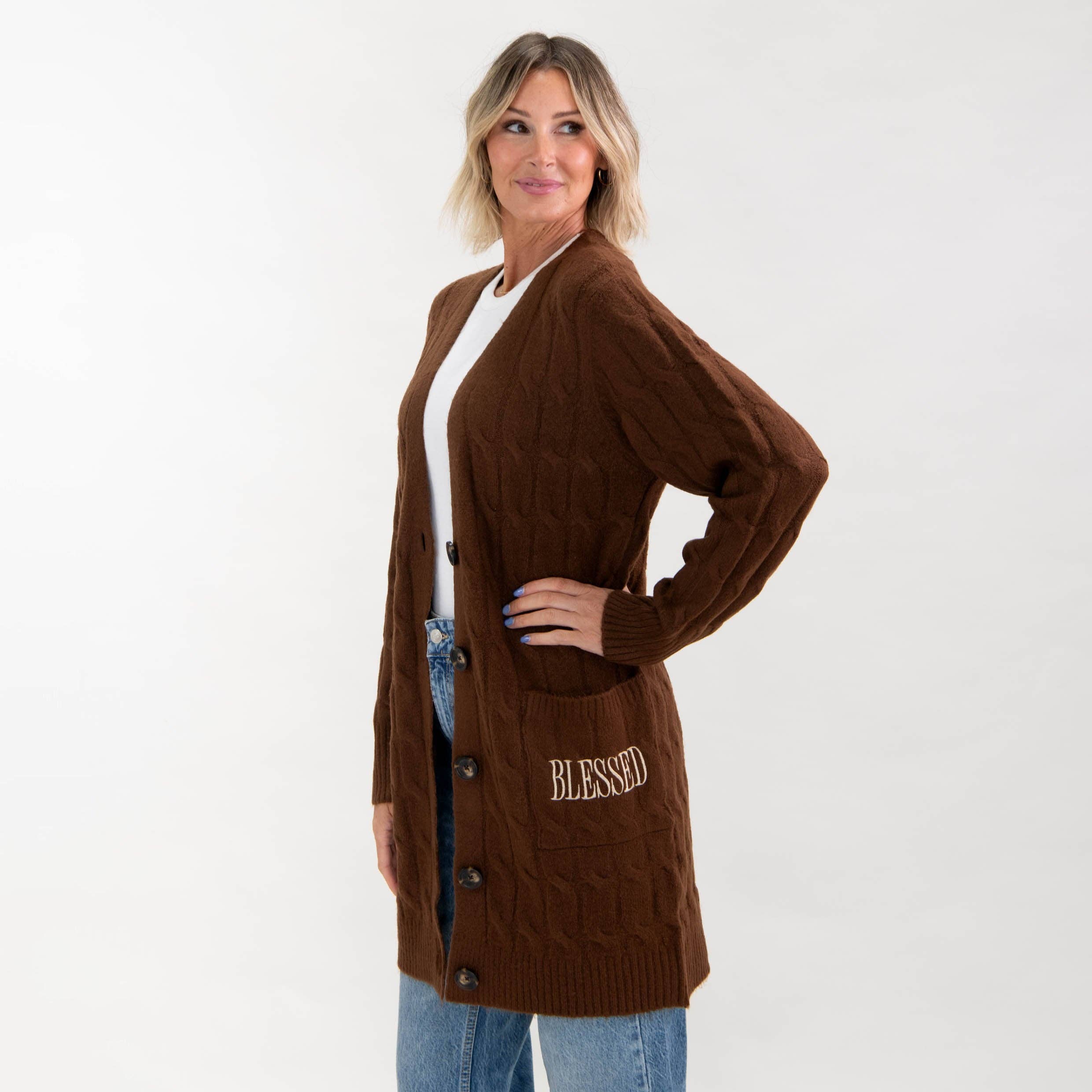 Brown Blessed Cable Knit Cardigan for wholesale on Faire0