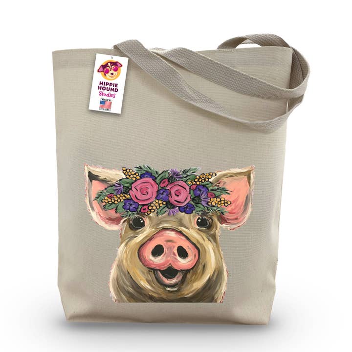 Gusseted Tote Bag, Pig Tote Bag 'LuLu' Pig with Flowers for wholesale by Hippie Hound Studios