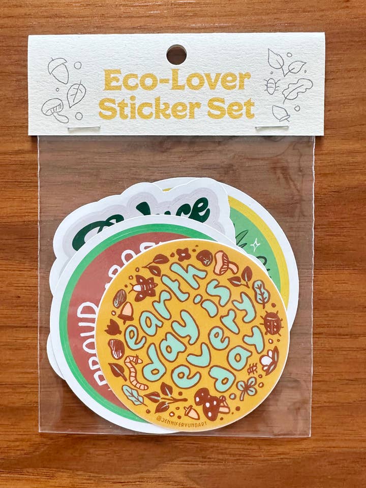 Ensemble d'autocollants Éco-Amoureux Durable Recycler Compost Jour de la Terre pour la vente par Jennifer Yung Art