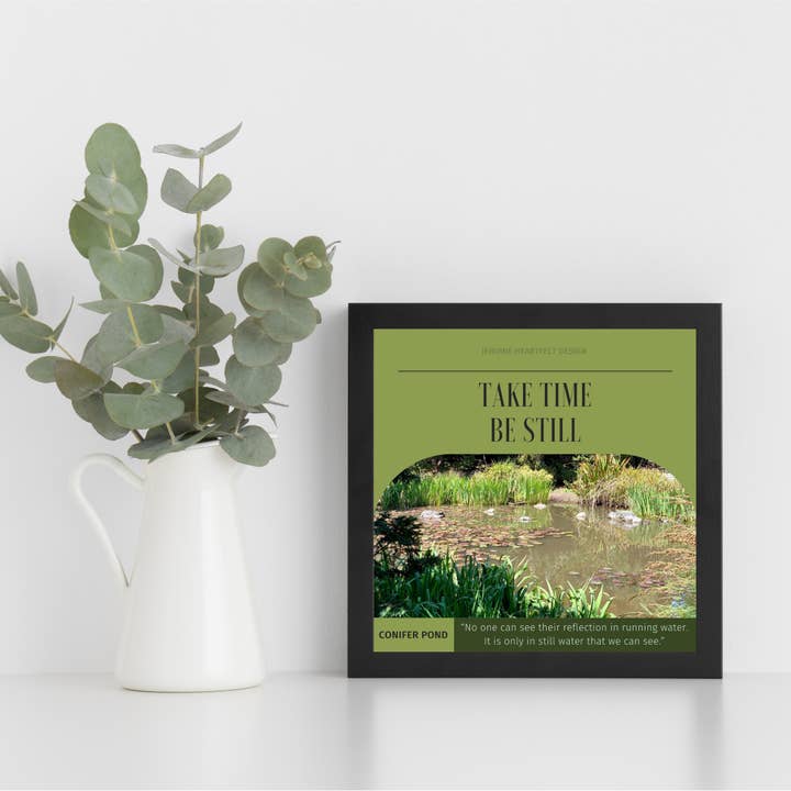 Impression sur un étang de conifères 5x5 dans un cadre de galerie noir pour la vente par Jenuine Heartfelt Design