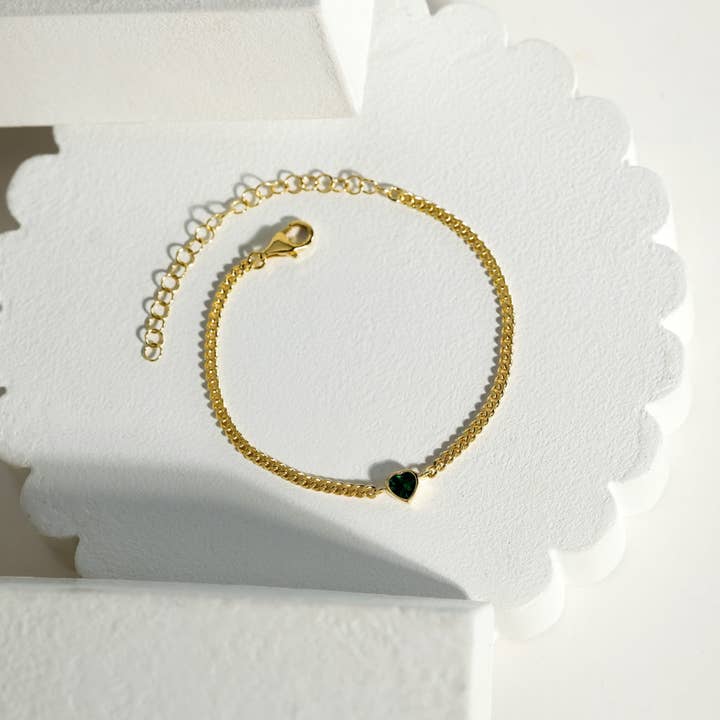 Amelia Bracelet Emerald | Heart Shaped | Gold Vermeil for wholesale by Ke Bella Jewelry