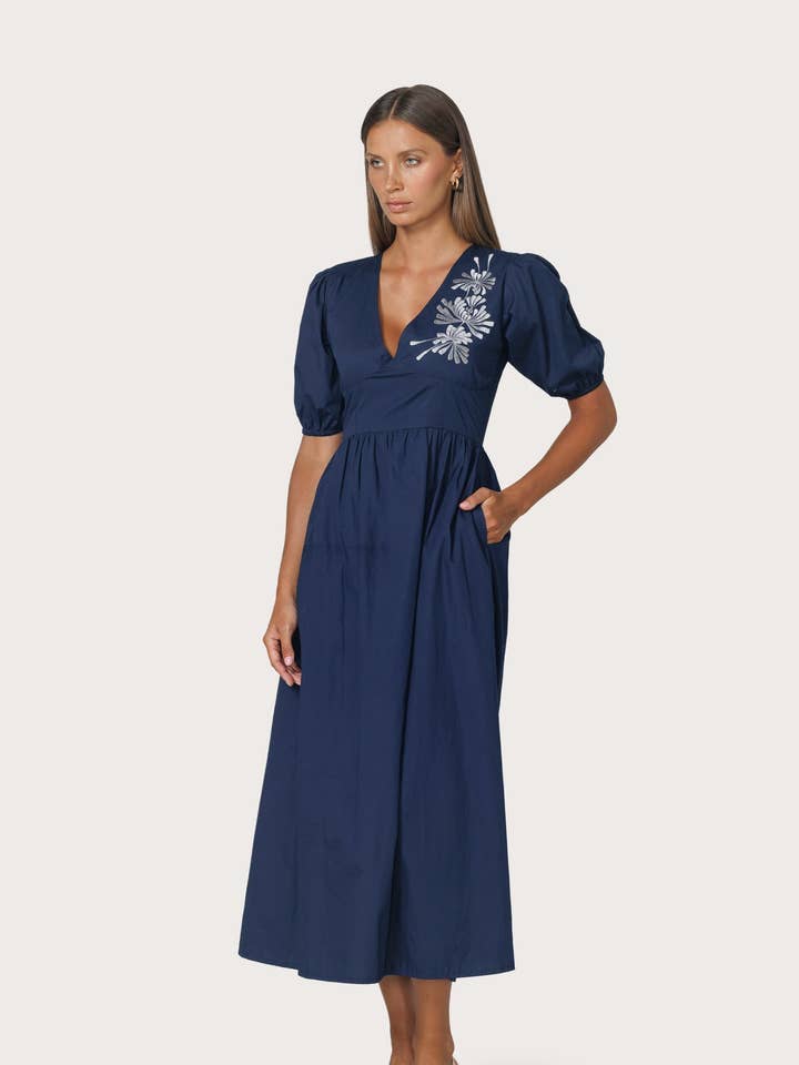 Coco Dress Embroidered Poplin Dress in Byzantine for wholesale by Lusana