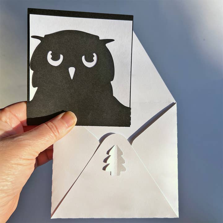 Paper Cut Card and Matching Envelope OWL woodland birder for wholesale by Squirrel Tacos Papercuts