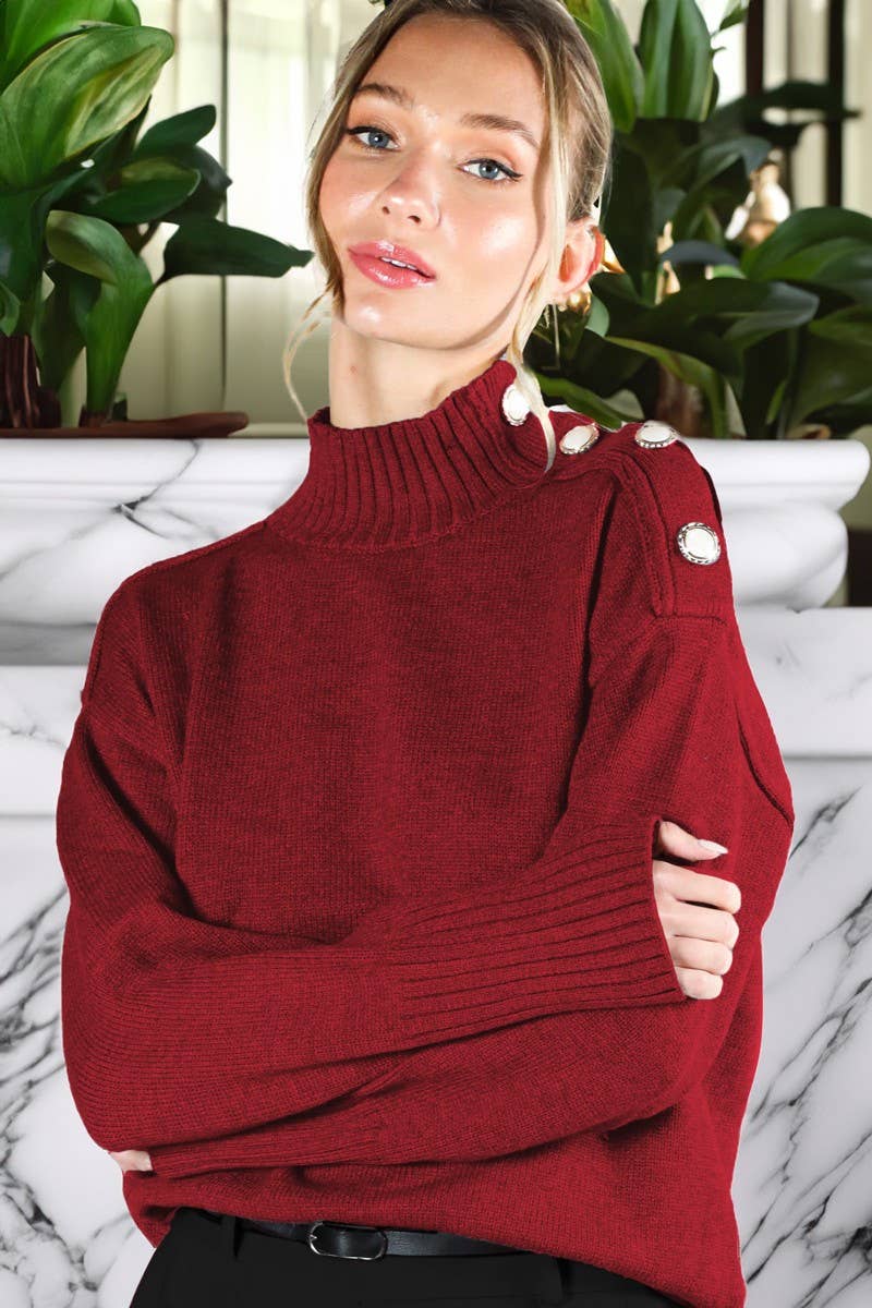 Vine & Love – Pulôver - Mulher por atacado – Camisola de Malha com Gola Alta e Detalhe de Botões VT814666