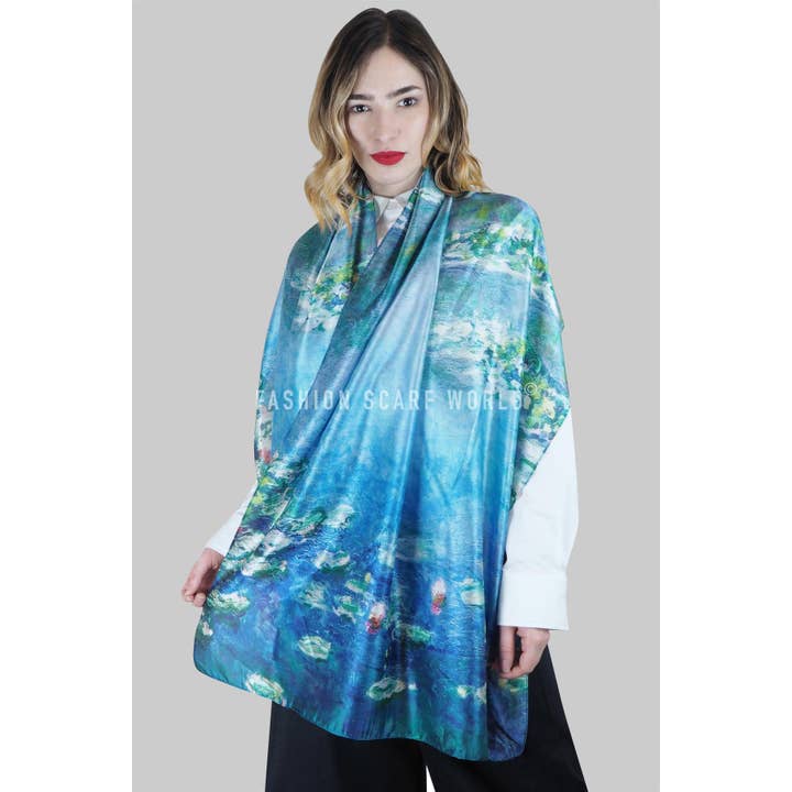 Blue Claude Monet Water Lily Print Scarf for wholesale on Faire