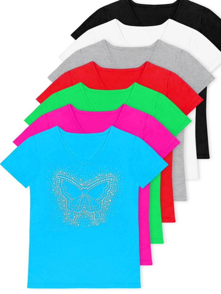 GKT-16811B-901R Girl's V-Neck Graphic Tee w/Butterfly Rhines for wholesale by Cutie Patootie Clothing