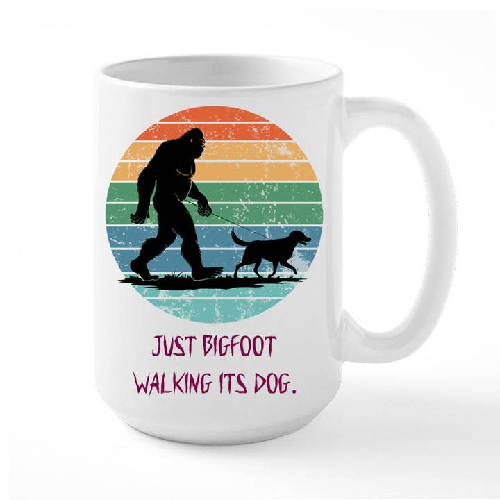 Bigfoot Walking It's Dog Coffee Mug for wholesale by DK LaserWorx