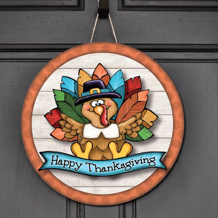 Happy Thanksgiving Turkey Circle Door Hanger Sign for wholesale by Bannon Design Co.