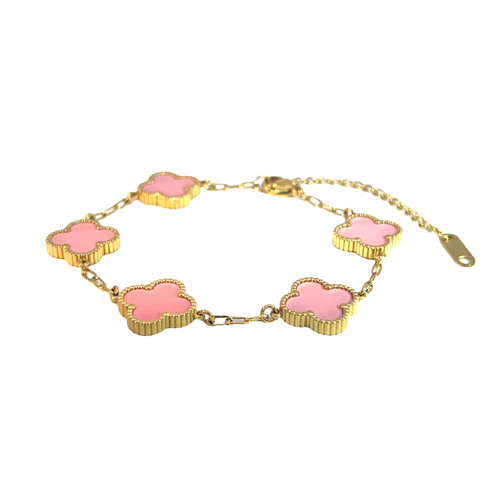 Byzantium Collection Ltd – Großhandel Armband mit Charms/Anhängern – Doppelarmband mit rosa vierblättrigem Kleeblatt, 18 Karat vergoldet1
