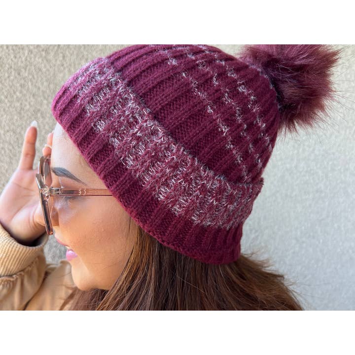 Justin & Taylor - Wholesale Beanie – Women's - Level Up | Striped Beanie with Fluffy Pom25