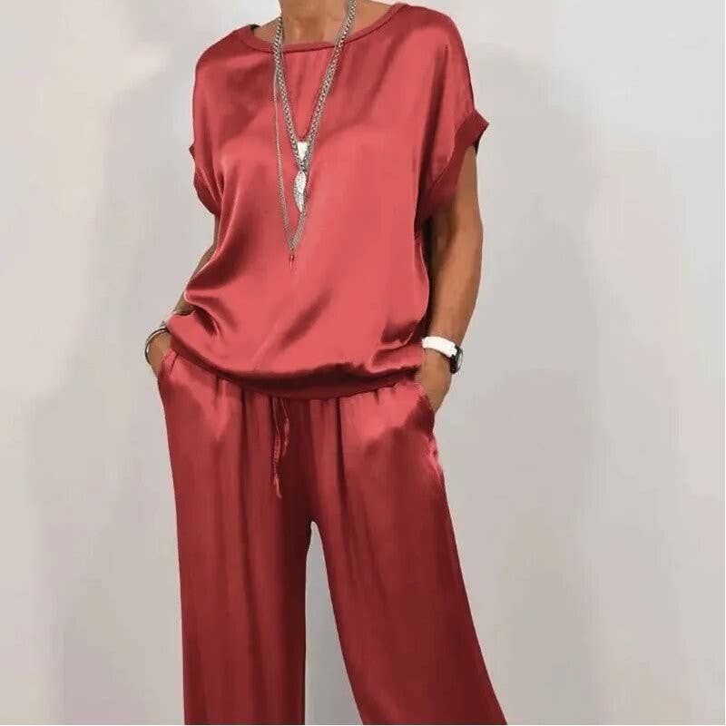Sheer Trend - Wholesale Top & Pant Set (NOT Loungewear) - Women's - Casual Pure Color Loose Tee Wide Leg Pants Set6
