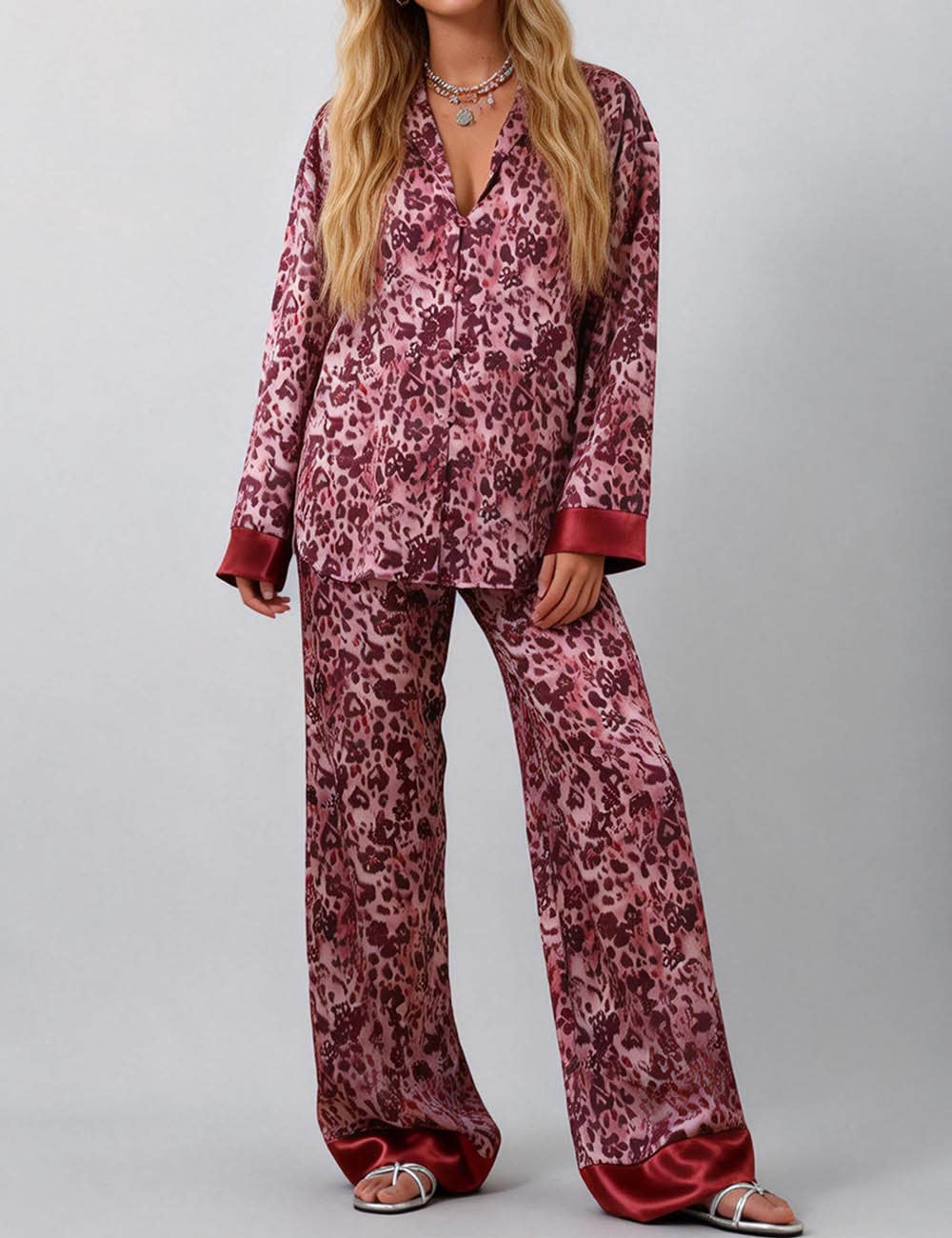 Ladies Leopard Button Closure Top & Pants Lounge Set SKST5KC1803 for wholesale on Faire0