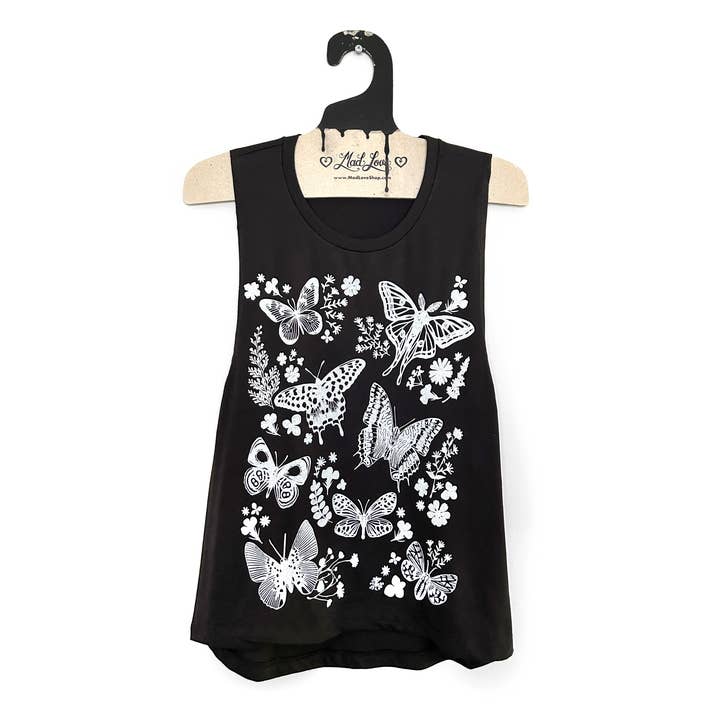 Black Muscle Tank with Moths and Butterflies Print for wholesale by Mad Love Shop