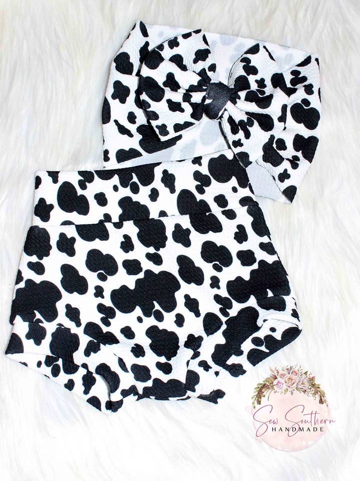 Cow Spots Highwaisted Bummies and Bow Set for wholesale by Sew Southern Kids Couture