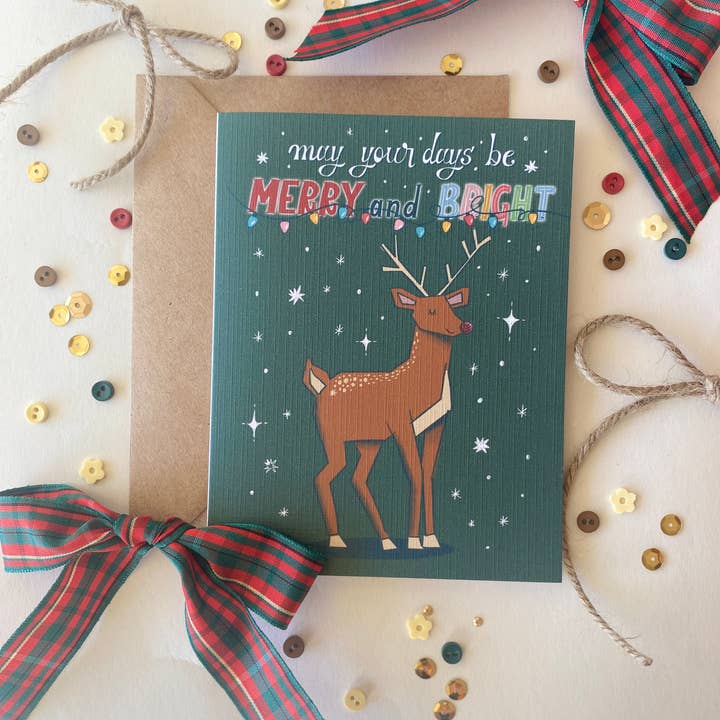Charmed Life Designs - Wholesale Season's Greetings Card - Merry and Bright Reindeer Christmas Holiday Greeting Card