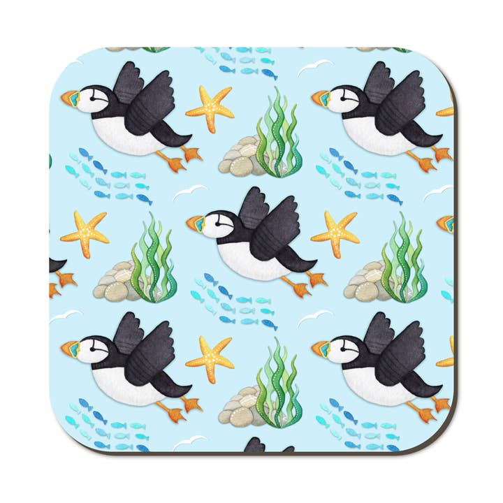 Flying Puffin Coaster - Watercolour Art - Seaside Gifts for wholesale by East Neuk Beach Crafts