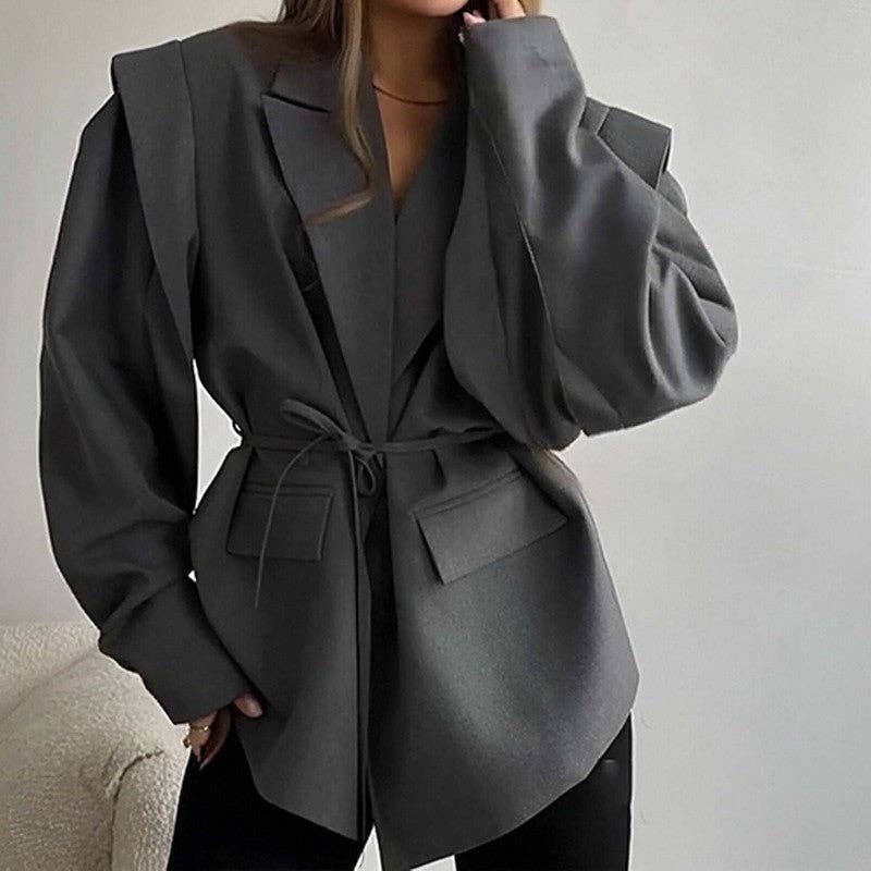 kycozy - Wholesale Blazer - Women's - Solid Color Belted Shoulder Padded Blazer7