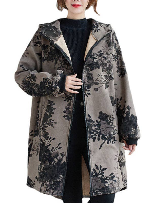 SAME AS PICTURE Artistic Retro Loose Floral Printed Hooded Long Sleeves Outwear for wholesale on Faire12