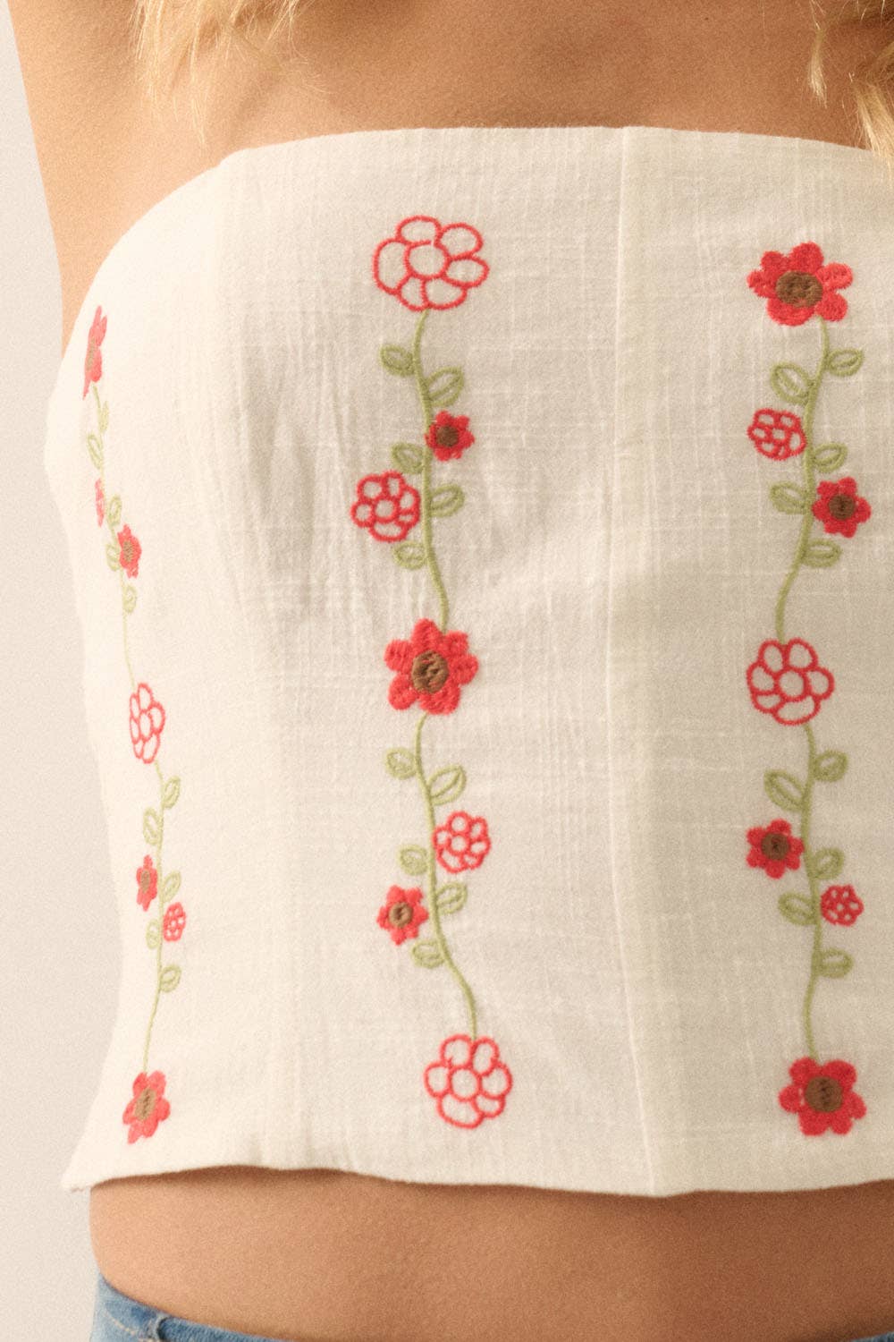 OFF WHITE Floral Embroidered Cotton Strapless Corset Top for wholesale on Faire1