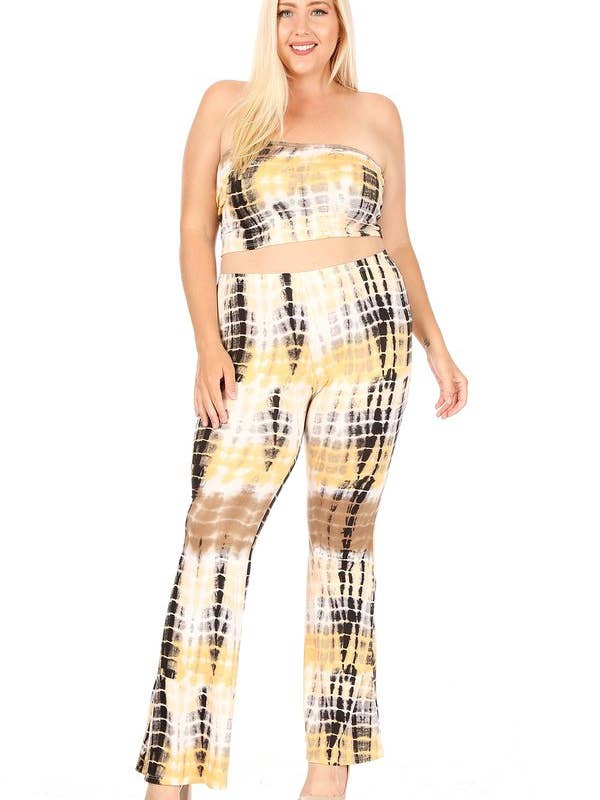 Plus Tie Dye Cropped Tube Top with Bell Bottom Pant for wholesale by VIBE Apparel Co