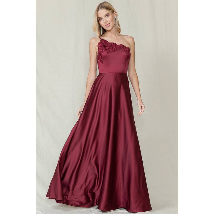 ONE SHOULDER TRIM SCALLOP DETAIL SATIN MAXI DRESS for wholesale by Maniju