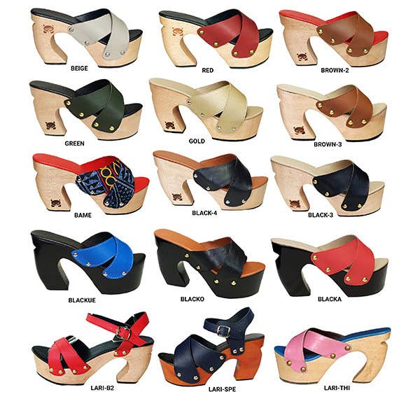 Laris: Carved Wooden Heel Slippers Mules Clogs Crisscross for wholesale by OMES