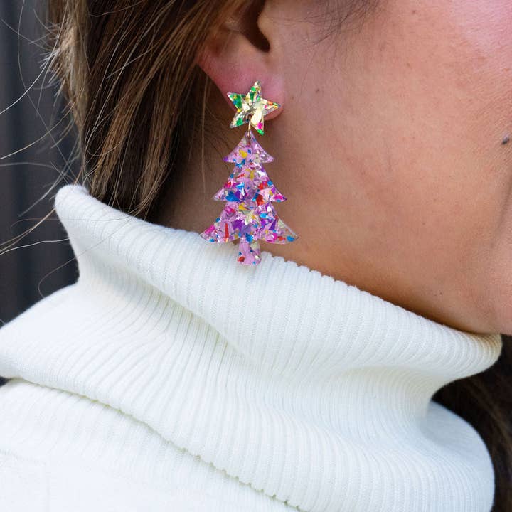 Spiffy & Splendid - Wholesale Dangle Earrings - Christmas Tree Earrings - Light Pink Sparkle // Holiday